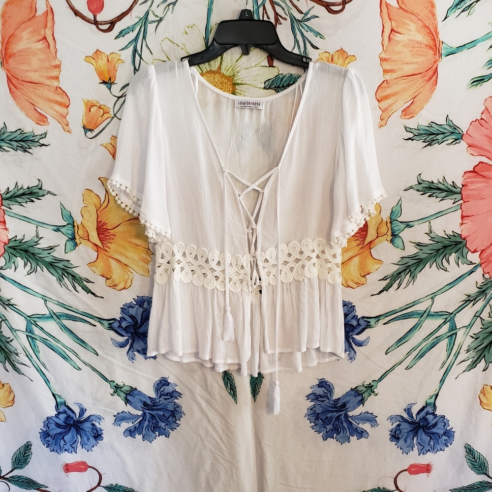 White Boho Tie Front Blouse